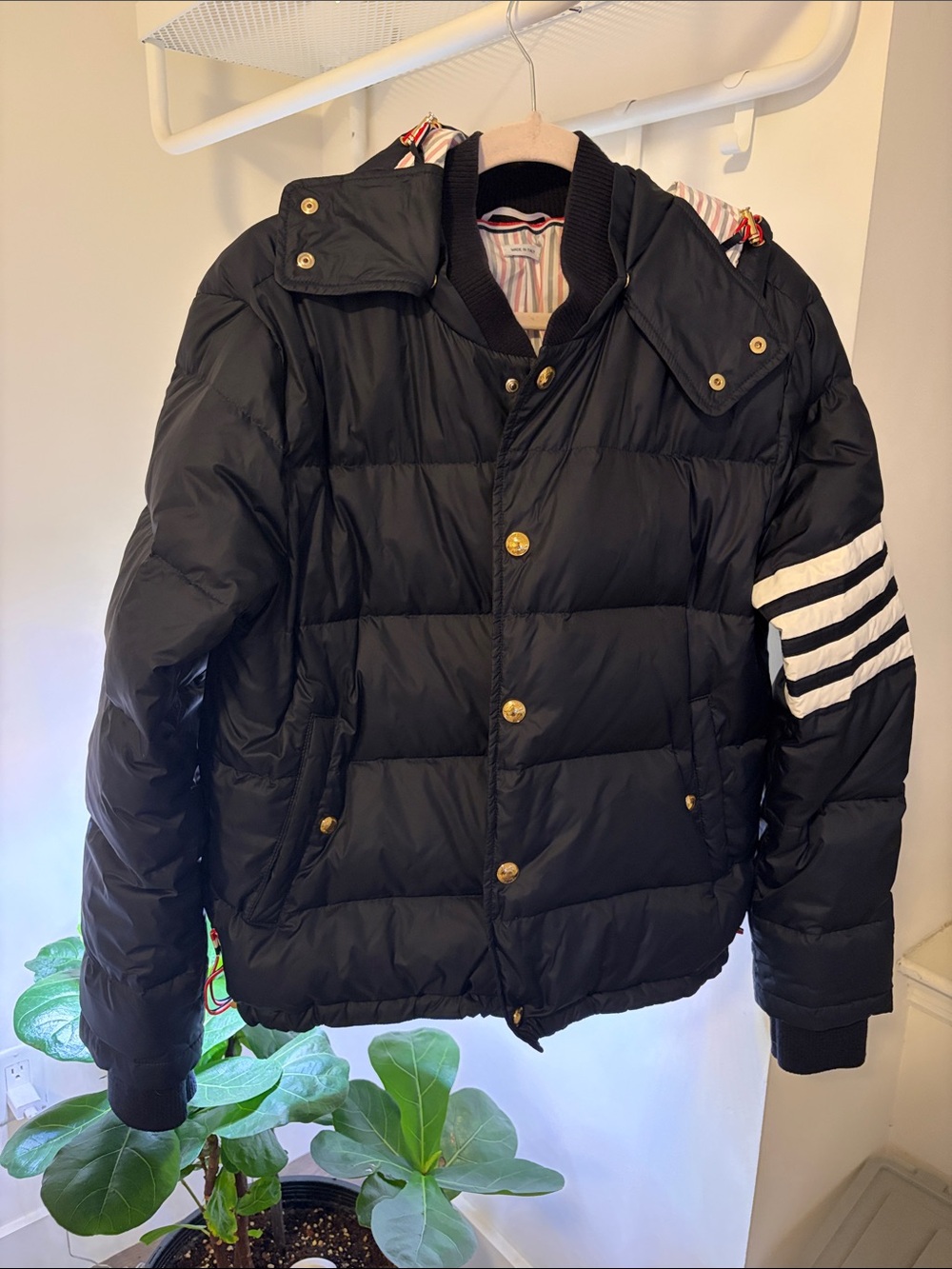 Thom Browne Dark Blue Quilted Puffer Jacket with White Sleeve Stripes
